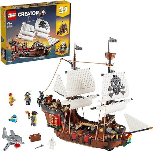 LEGO 31109 Creator 3in1 Pirate Ship Toy with Inn & Skull Island, Gift for Kids, Boys & Girls age 9 Plus Years Old with Minifigures and Shark Figure
